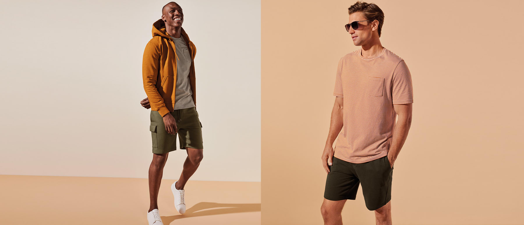 Men wearing khaki shorts with T-shirts