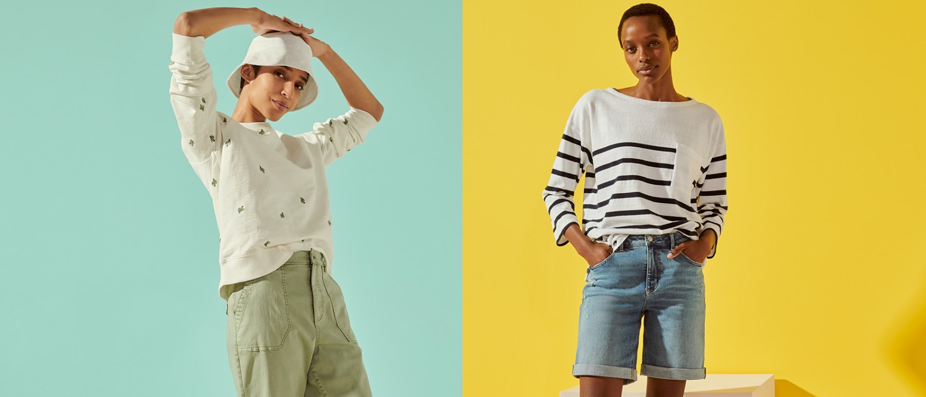 Woman wearing linen trousers with printed top, and woman wearing denim shorts with striped top