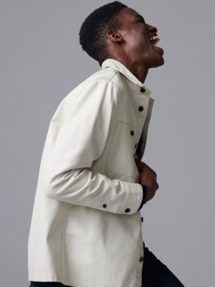 Man wearing M&S white overshirt