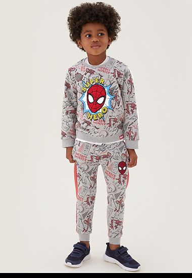 Child wearing Spider-Man sweatshirt and Spider-Man joggers