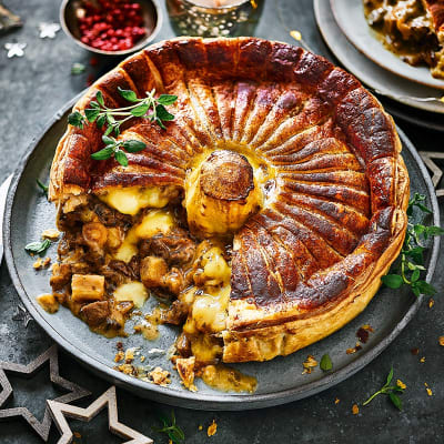 Collection mushroom, camembert and parsnip pie
