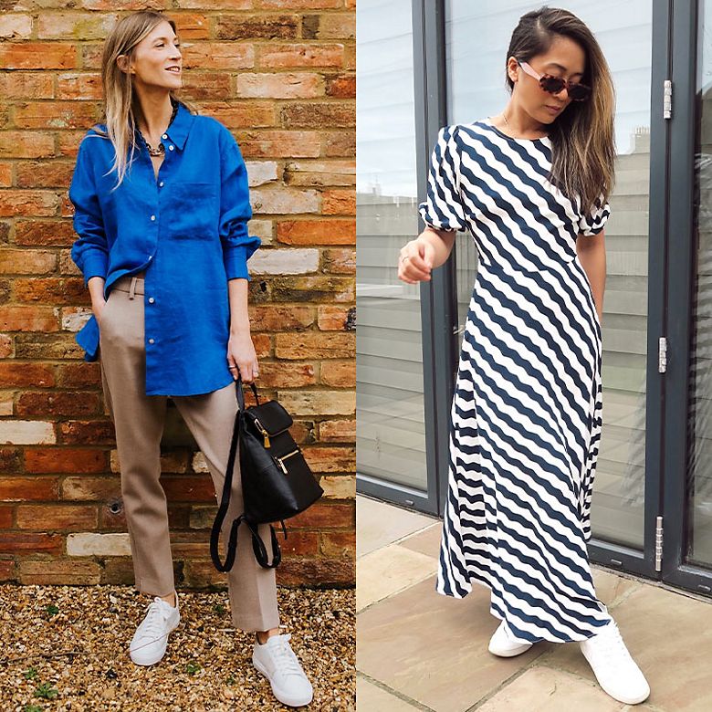 M&S Insider Emma wearing blue shirt, beige chinos and white trainers; M&S Insider Sam wearing black and white striped maxi dress and white trainers 