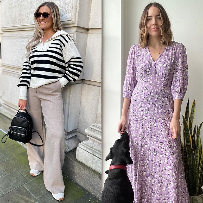 M&S Insider Jenny wearing black and white striped jumper, beige wide-leg trousers, white trainers and black backpack; M&S Insider Caley wearing lilac patterned maxi dress
