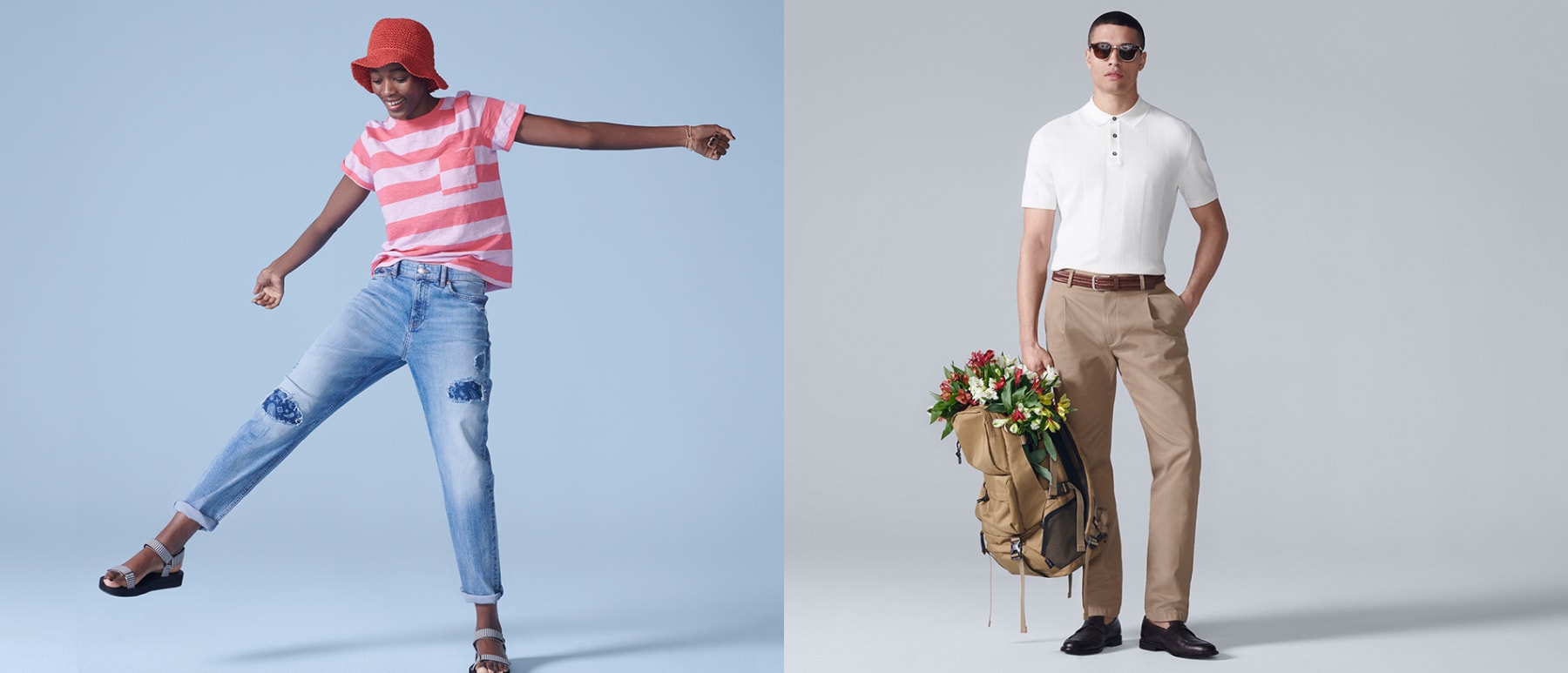 Woman wearing blue jeans, pink striped T-shirt with sandals and hat. Man wearing beige chinos with white T-shirt, backpack and sunglasses. Shop new in clothing