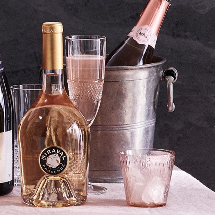 Bottle of rosé wine and prosecco. Save up to 1/3 on selected drinks cases