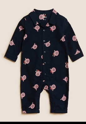 Navy and pink Percy Pig Christmas baby romper. Shop now