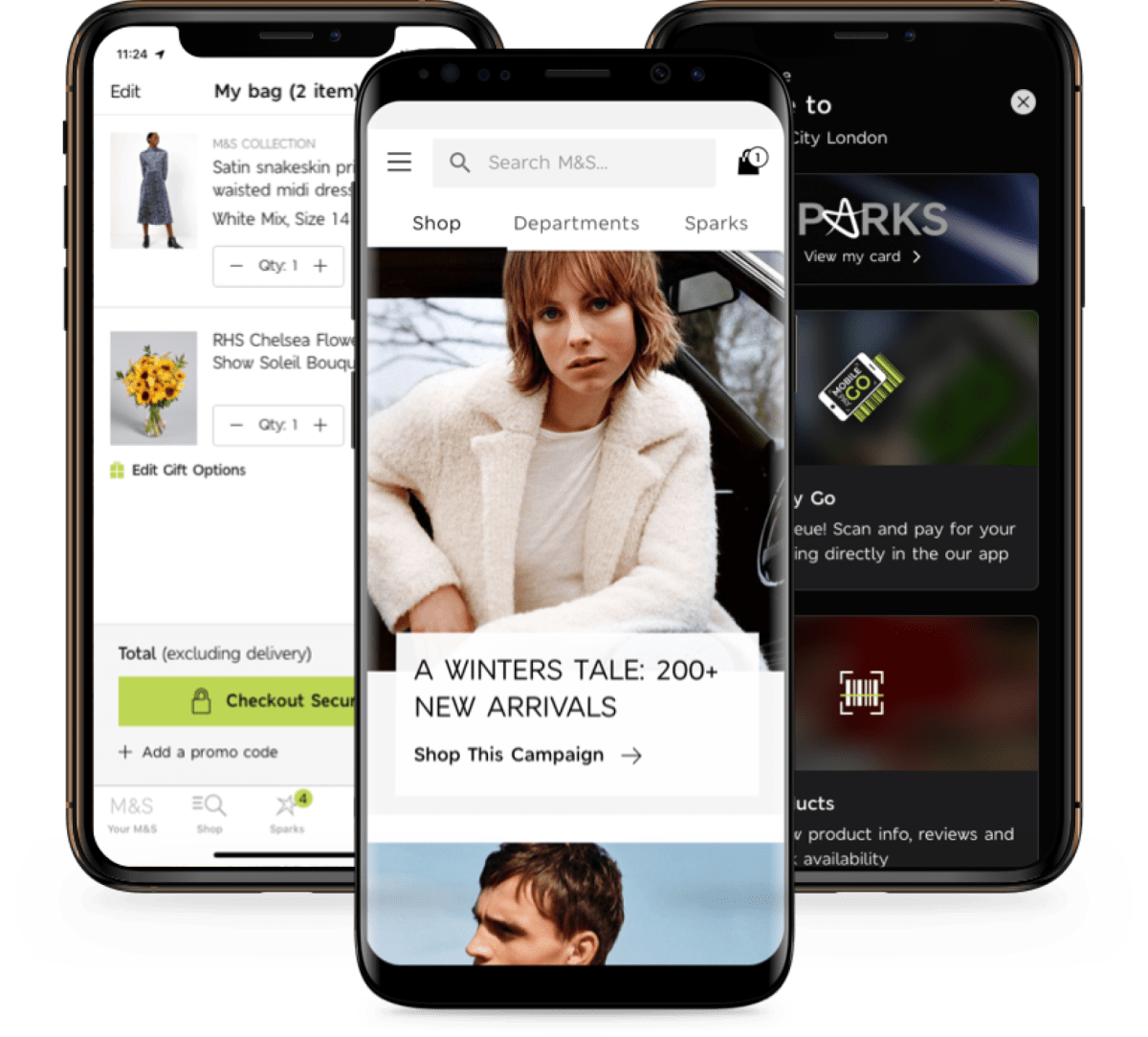 Three iPhone UX mock-ups of the Marks & Spencer Sparks app. The first features a checkout flow, the second features the app home page and the third features a list of Sparks benefits. 