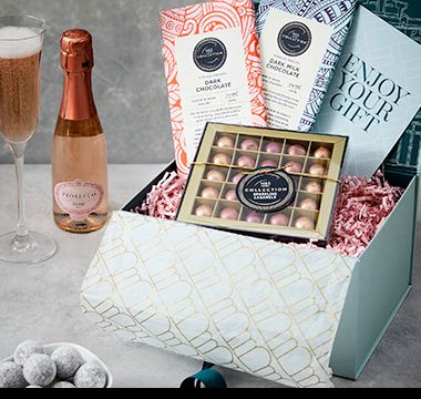 Chocolate and prosecco giftbox. Shop Mother’s Day food and drink gifts.