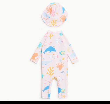Full-length sea life print swimsuit with matching hat. Shop baby swimwear.