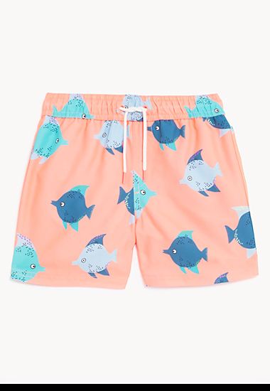 FatFace boys’ swim shorts with sea life pattern. Shop now.
