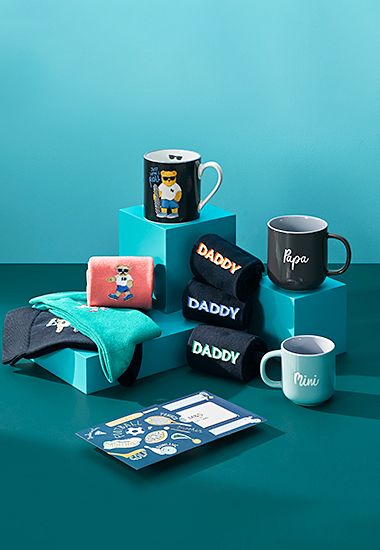 Selection of Father’s Day gifts including mugs and socks. Shop Father’s Day gifts. 