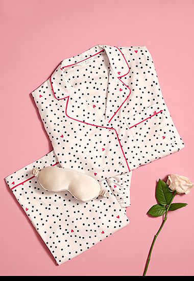 Women’s polka dot and heart-print pyjamas. Shop now