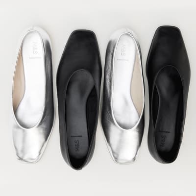 Group of black and silver ballet pumps. Shop now 