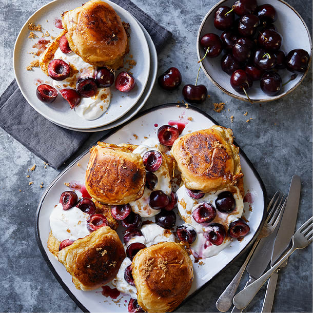 Black Forest gateau and French toast rolls