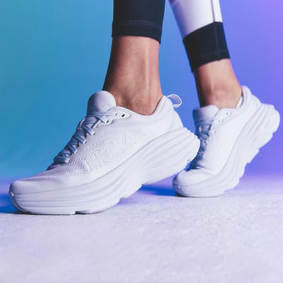 White Hoka W Bondi 8 trainer. Shop now.  