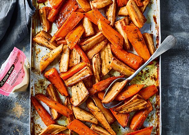 Carrots and parsnips roasted with M&S magic sprinkle