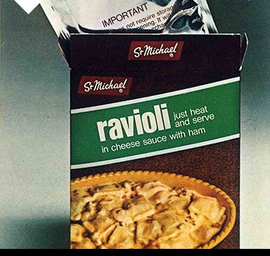St Michael boil-in-the-bag Ravioli packaging, 1973