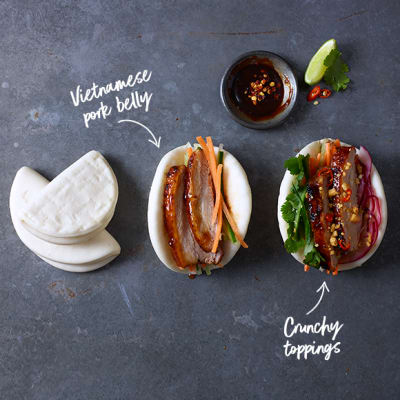 Vietnamese pork belly bao with chillies, peanuts and pickles