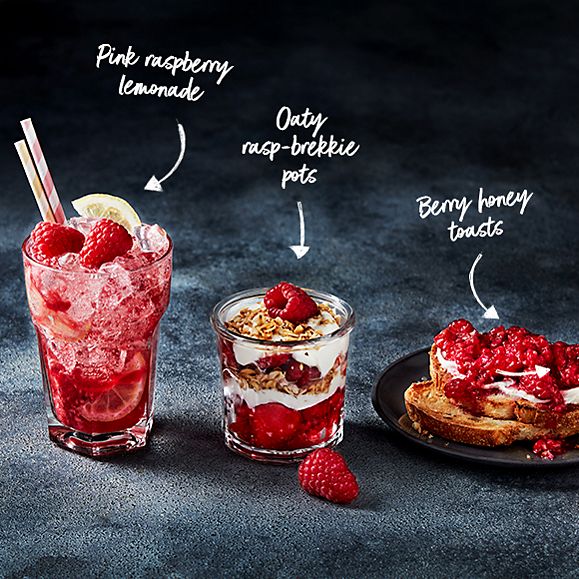 Glass of pink raspberry lemonade, oaty rasp-brekkie pot and plate of berry honey toasts