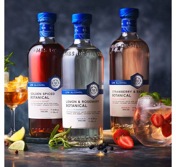 M&S Food three low alcohol botanical spirits bottles with mocktails in assorted glassware