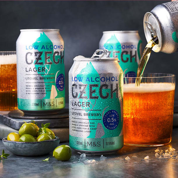 M&S Food low alcohol Czech lager cans