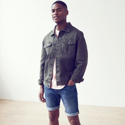 jean jacket with khaki shorts