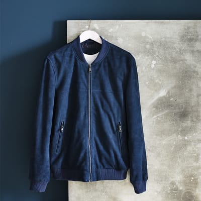 Mens navy 2025 suede bomber jacket