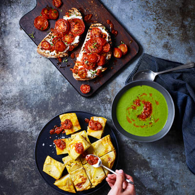 Tomato bruschetta, soup and Spanish omelette