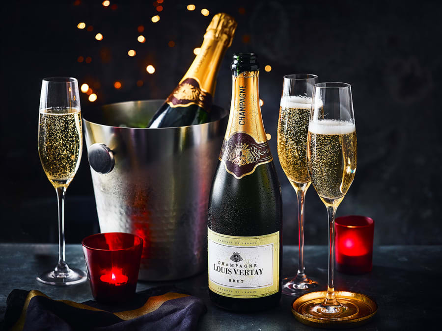 Bottles and glasses of champagne at M&S