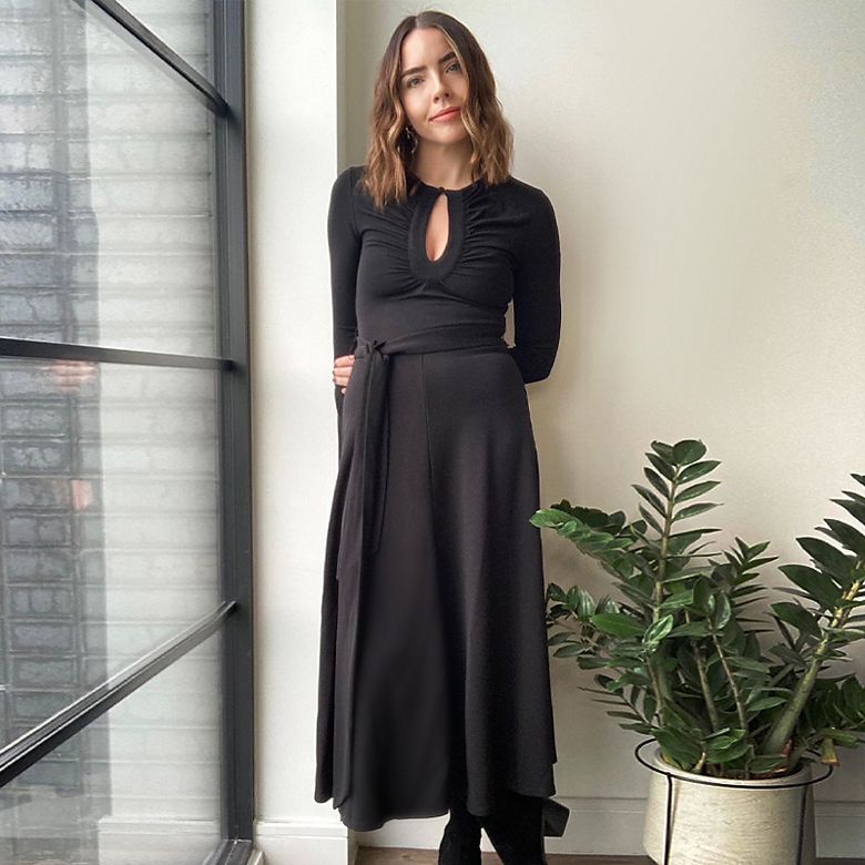 M&S Insider Caley wearing a belted swing dress for Valentine’s Day