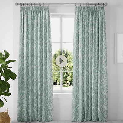 Green fern-print pencil-pleat blackout curtains. Watch the measuring video