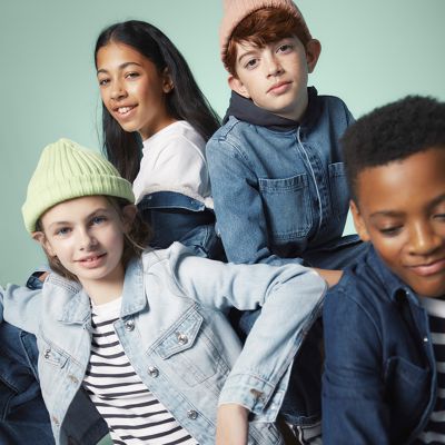 Kids wearing denim shirts, jackets, hats and casual clothes. Shop kids' new in