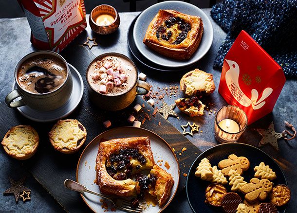 A selection of Christmas pastries, biscuits, mince pies and festive drinks