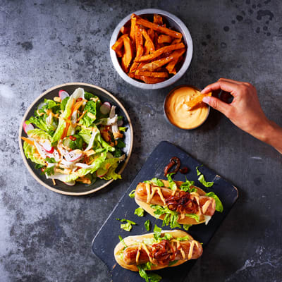 Sweet potato, chicken salad and hot dogs with sriracha mayo