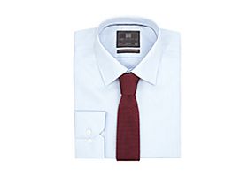 Red tie with pale blue shirt