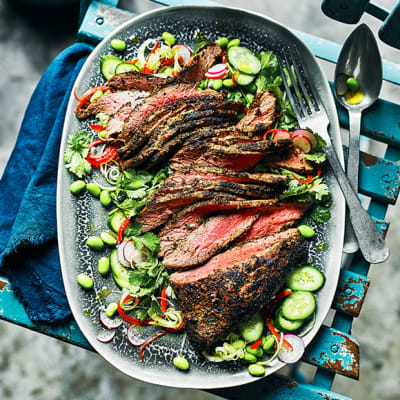 Sliced Korean barbecue steak on a bed of salad