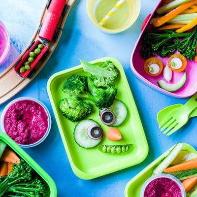Monster crunch crudités with beetroot dip